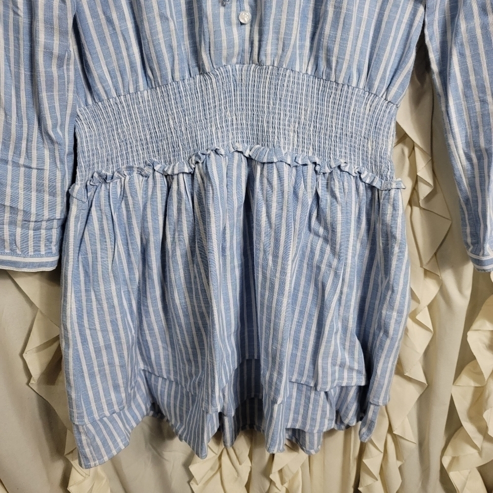 FATE Linen Blend Striped Dress Large Smocked Button Front Long Sleeves - Picture 4 of 9